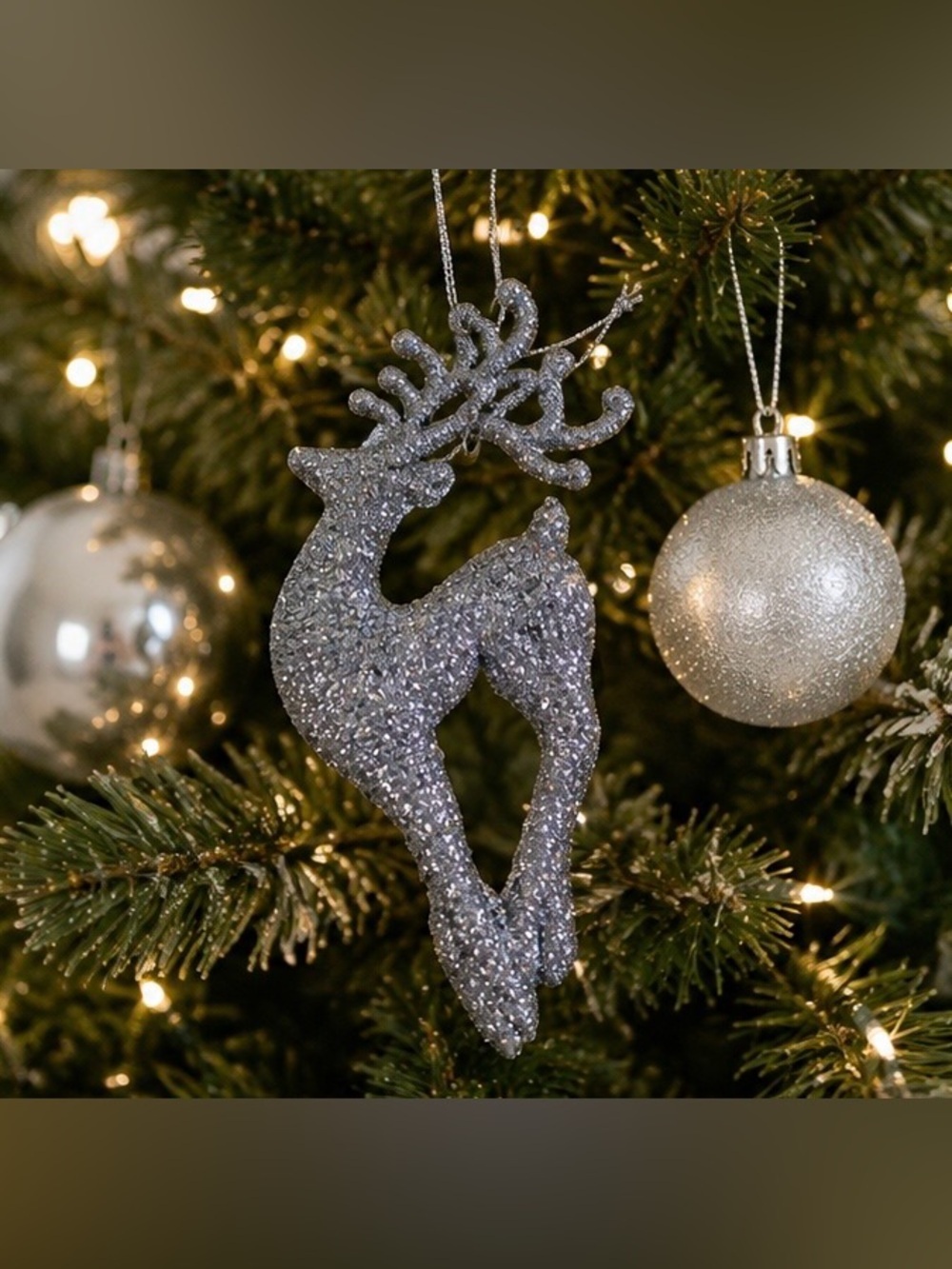 Set of 10 Silver Glitter Reindeer Christmas Ornaments Holiday Tree Decor Winter